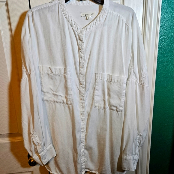 Lou & Grey for Loft White Oversized Fit Button Up Shirt Basic Staple Pockets - Picture 2 of 11